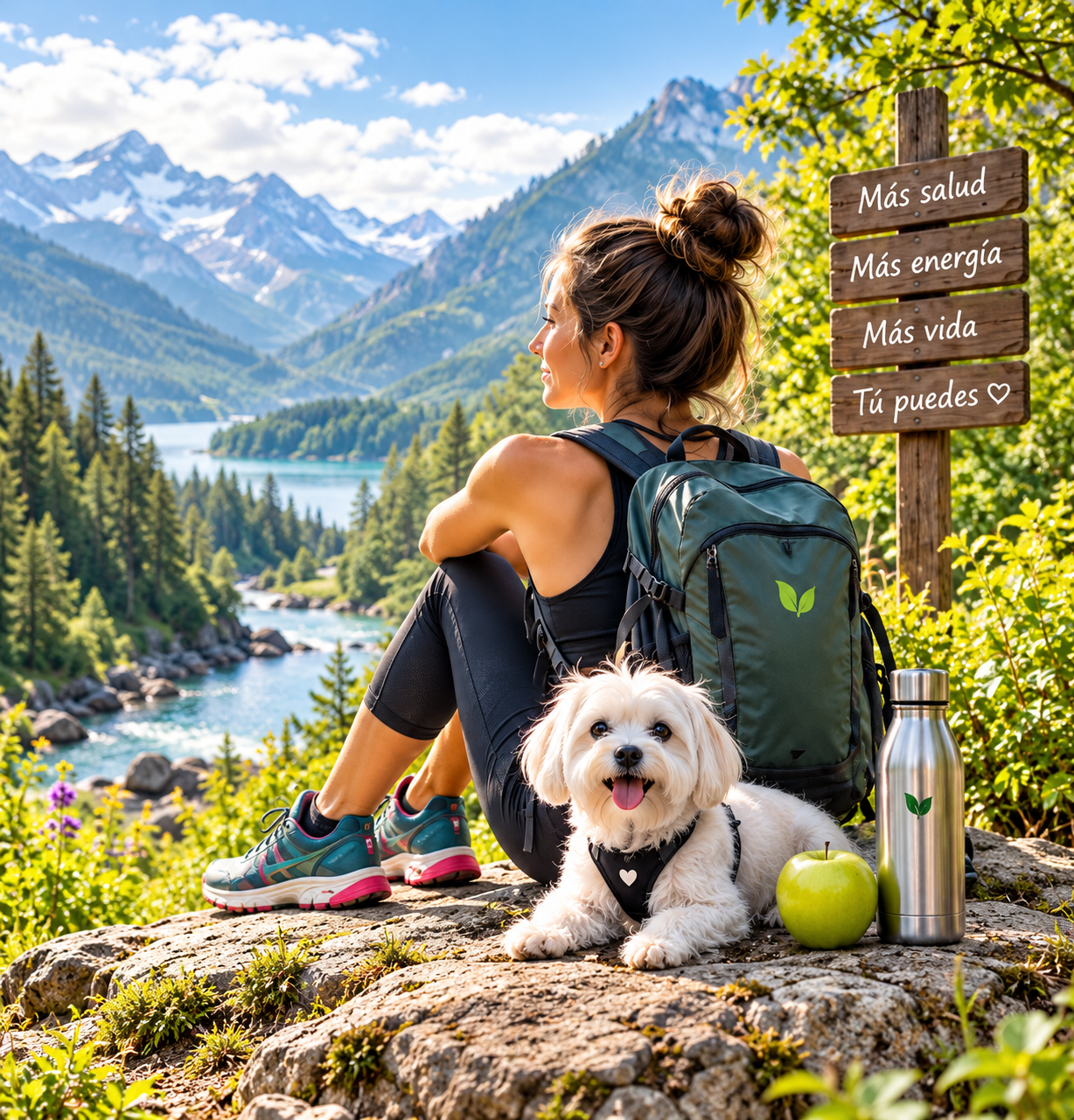 La chica y su perrita en la montaña, junto a un lago y mensajes de ánimo